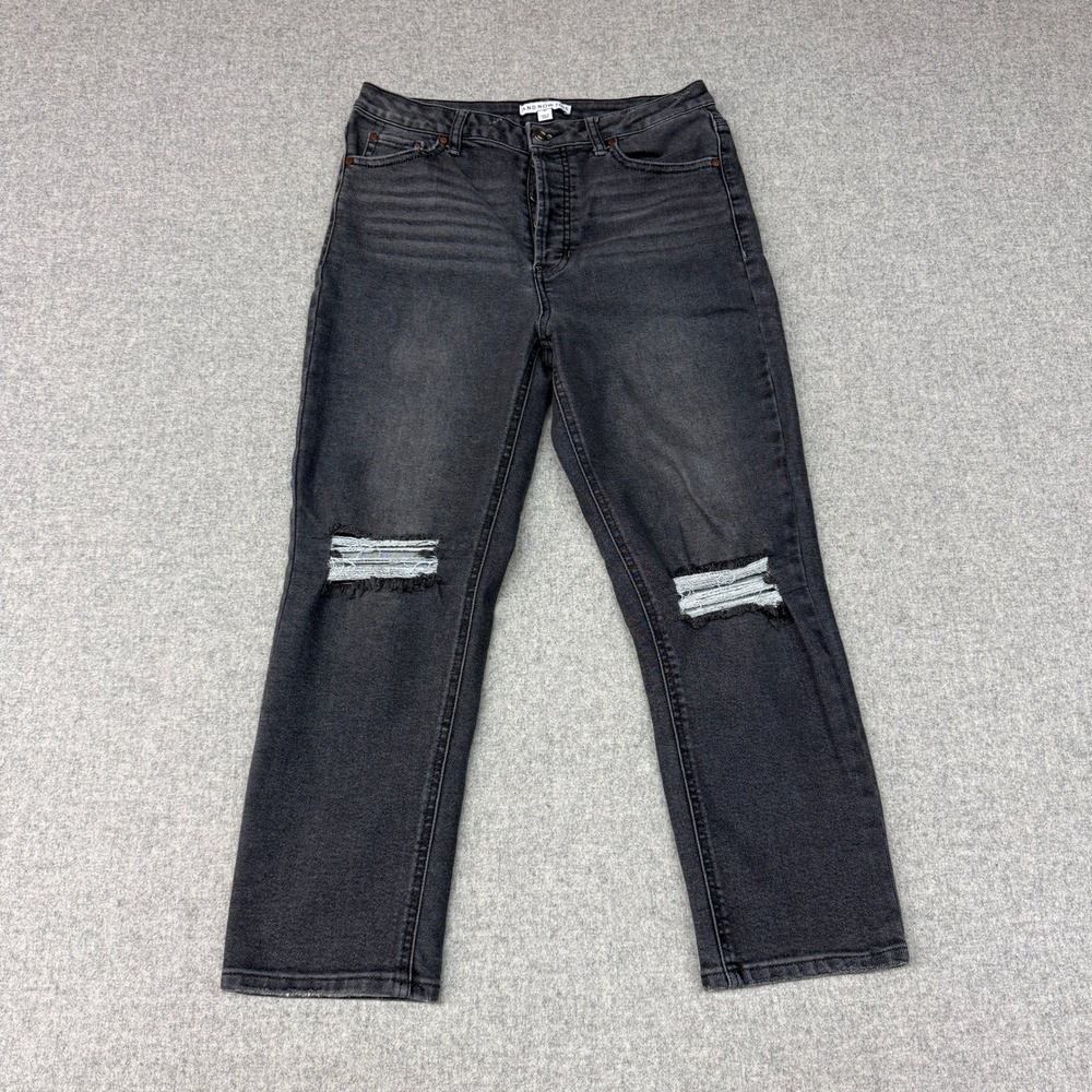 And Now This Distressed Straight Leg Jeans Size 30 Black Ripped Knee Button Fly